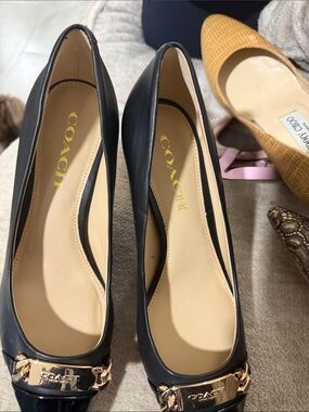 Coach Black Leather heels with Gold Chain Accent